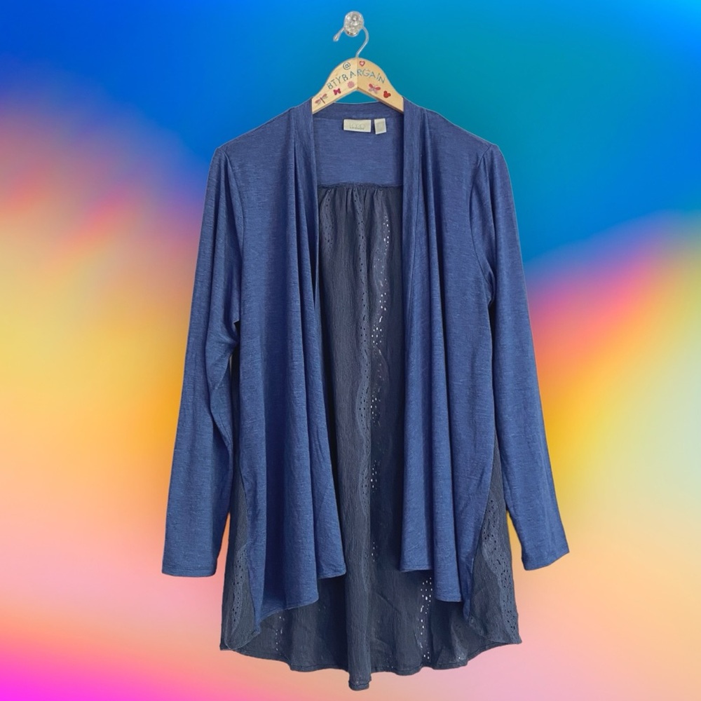 LOGO Lounge Denim Blue Draped Open Front Lace Back Yoke Cardigan Women's M 8/10